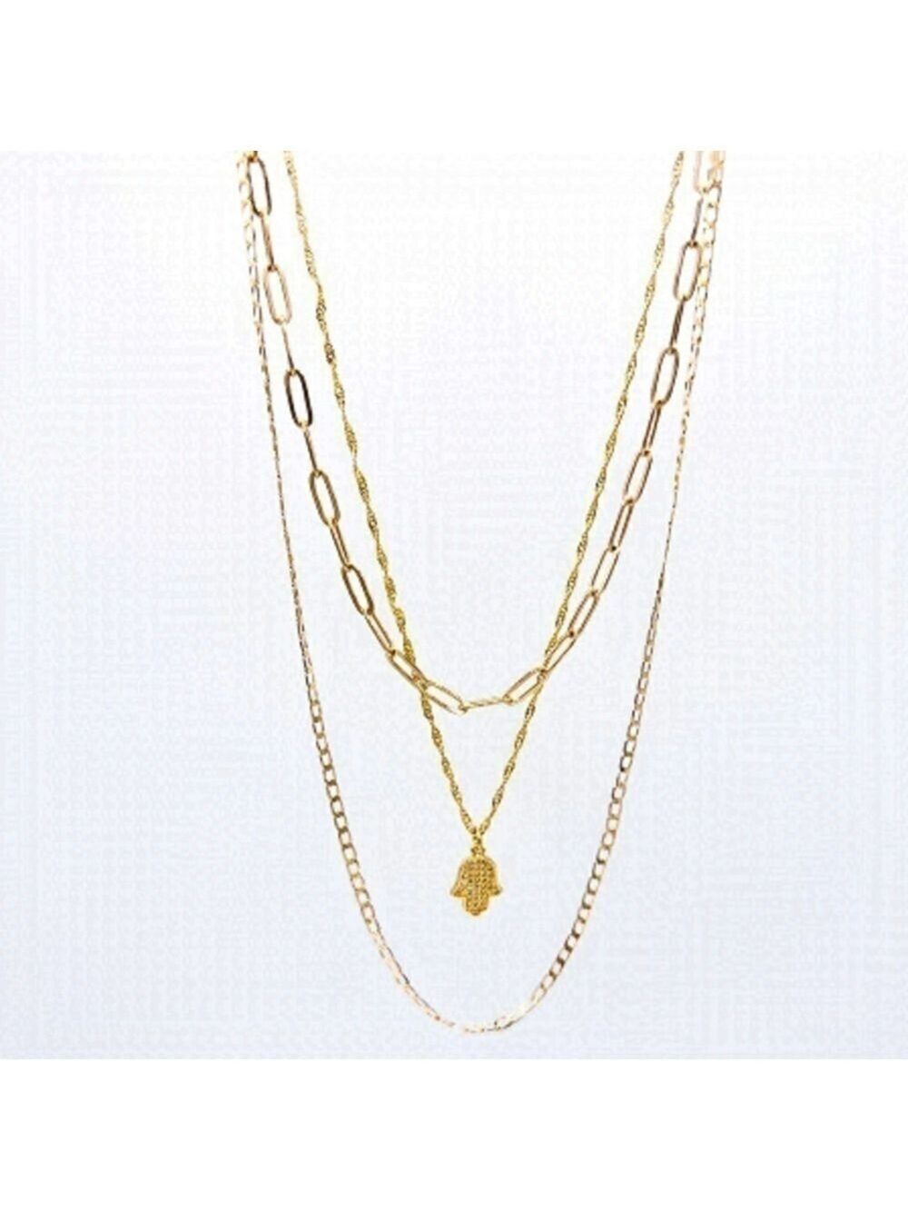 THREE layered necklaces with gold hamsa pendant.